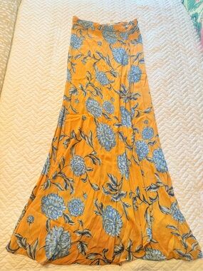 Olivaceous Mustard Maxi Skirt with Blue Floral Print